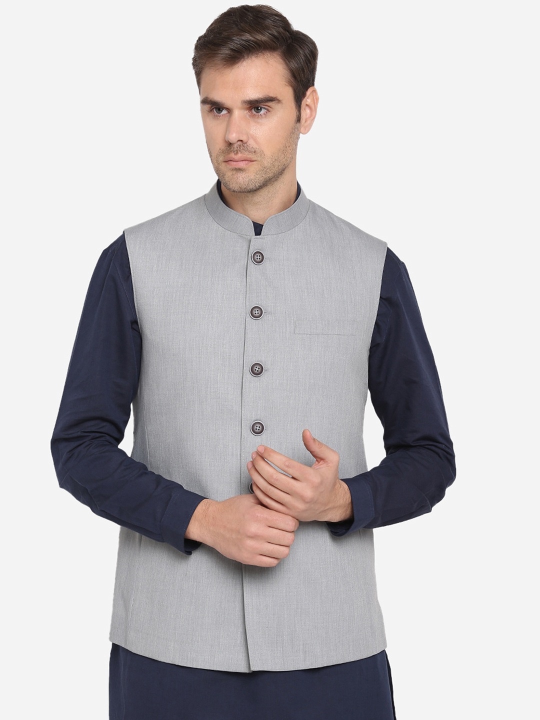 

MODI JACKET Men Grey Solid Woven Nehru Jacket