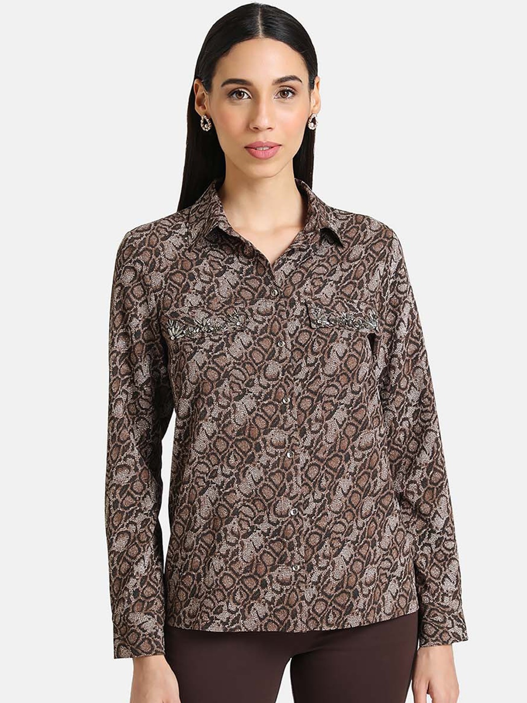 

Kazo Women Brown Regular Fit Animal-Skin Printed Casual Shirt