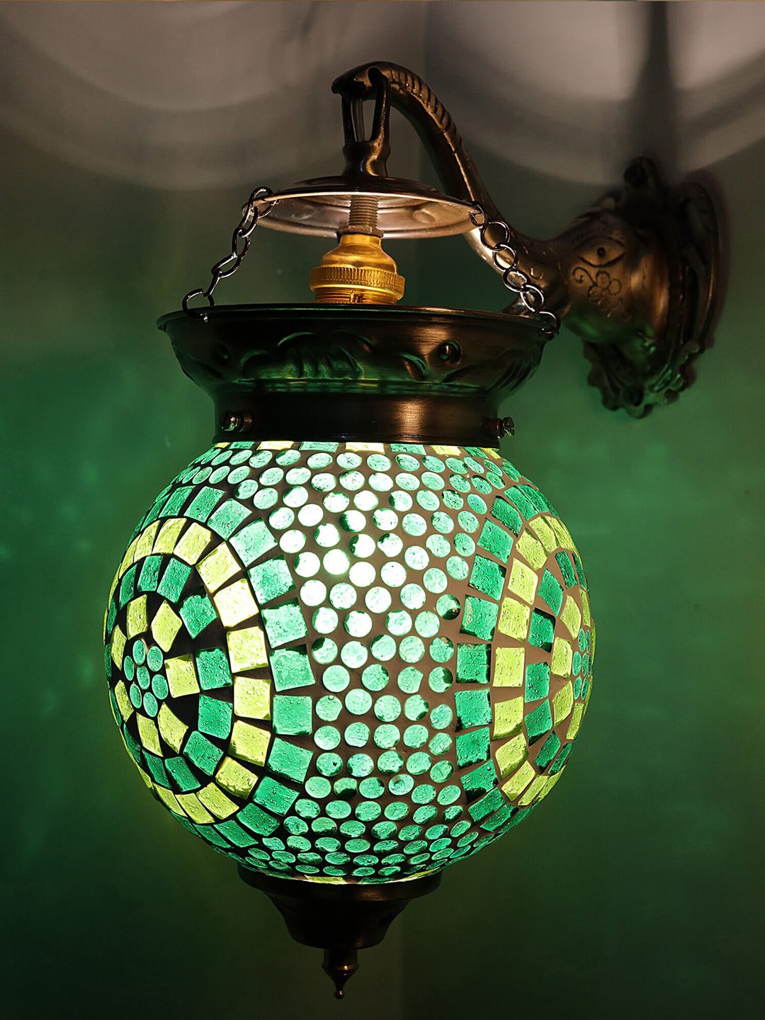 

Homesake Green & Silver-Toned Textured Classic Country Armed Sconce Wall Lamp