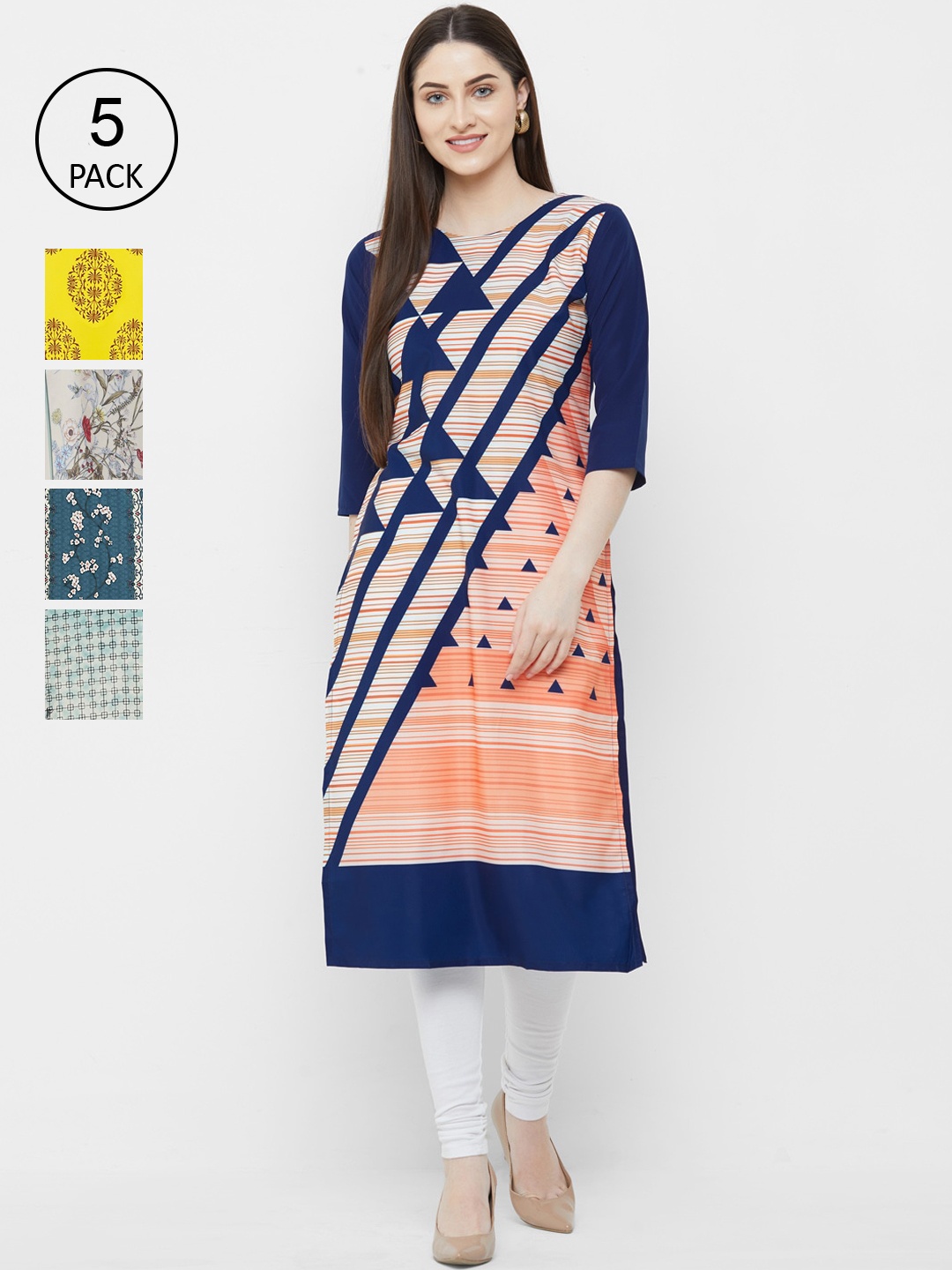 

7Threads Women Pack Of 5 Multicoloured Ethnic Motifs Printed Crepe Kurtas, Multi