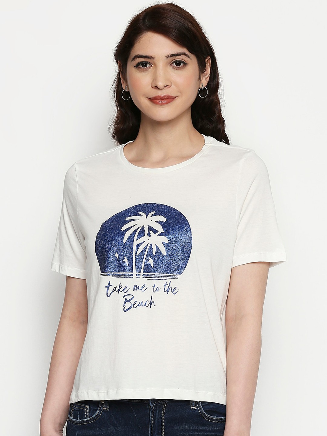 

People Women White Printed Round Neck T-shirt