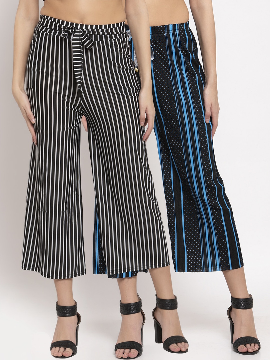 

KLOTTHE Women Pack Of 2 Striped Wide Leg Palazzos, Black