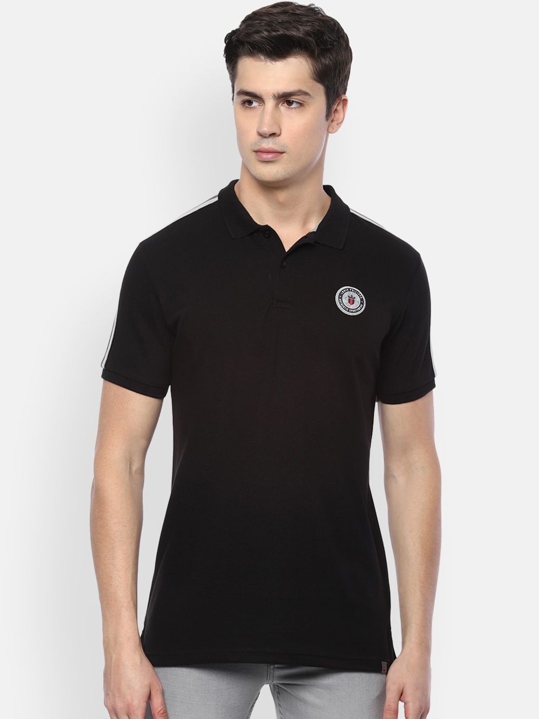 

Louis Philippe Sport Men Black Solid Polo Collar Cotton Pure Cotton T-shirt
