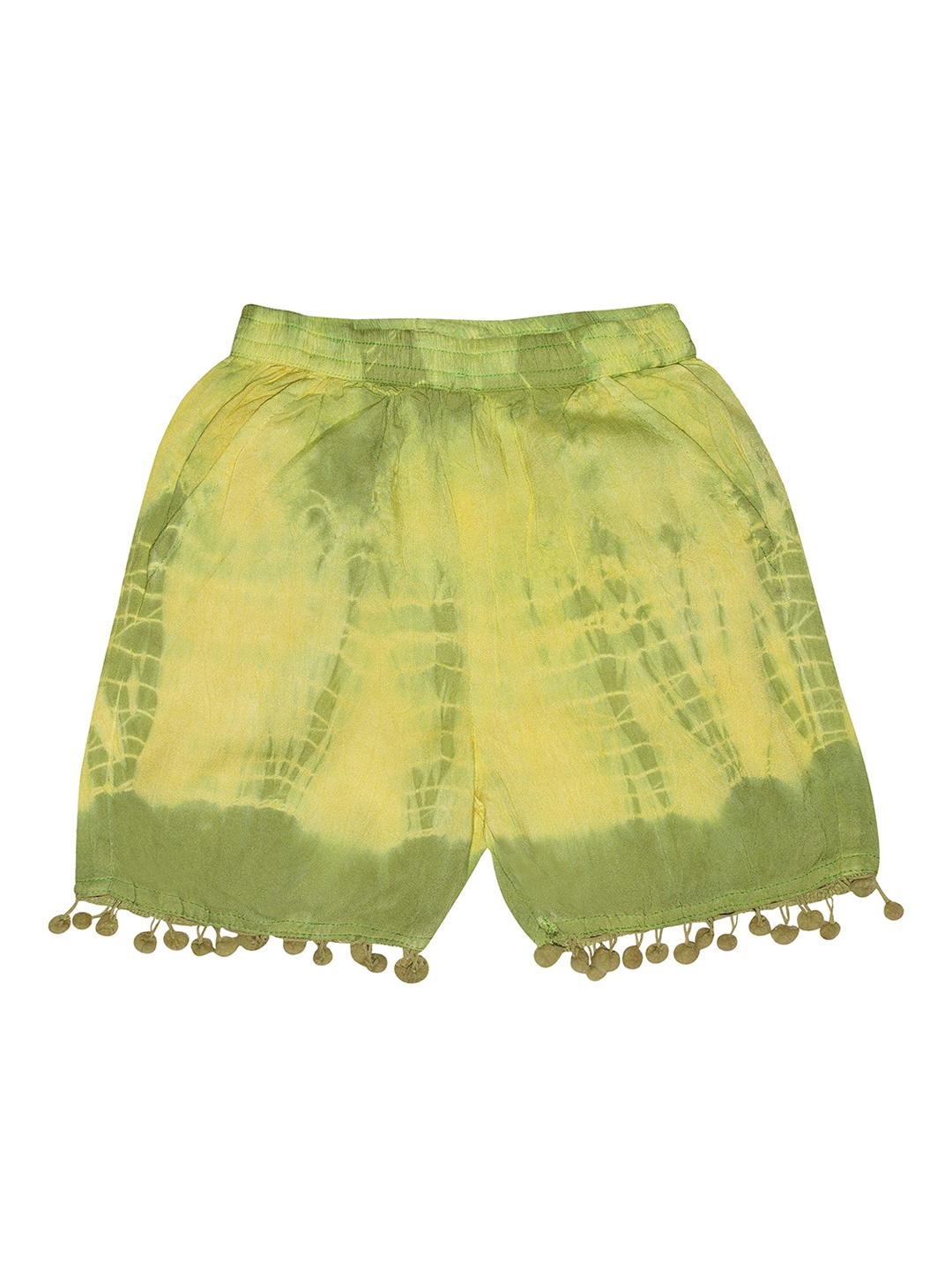 

KiddoPanti Girls Green & Yellow Dyed Printed Regular Fit Regular Shorts