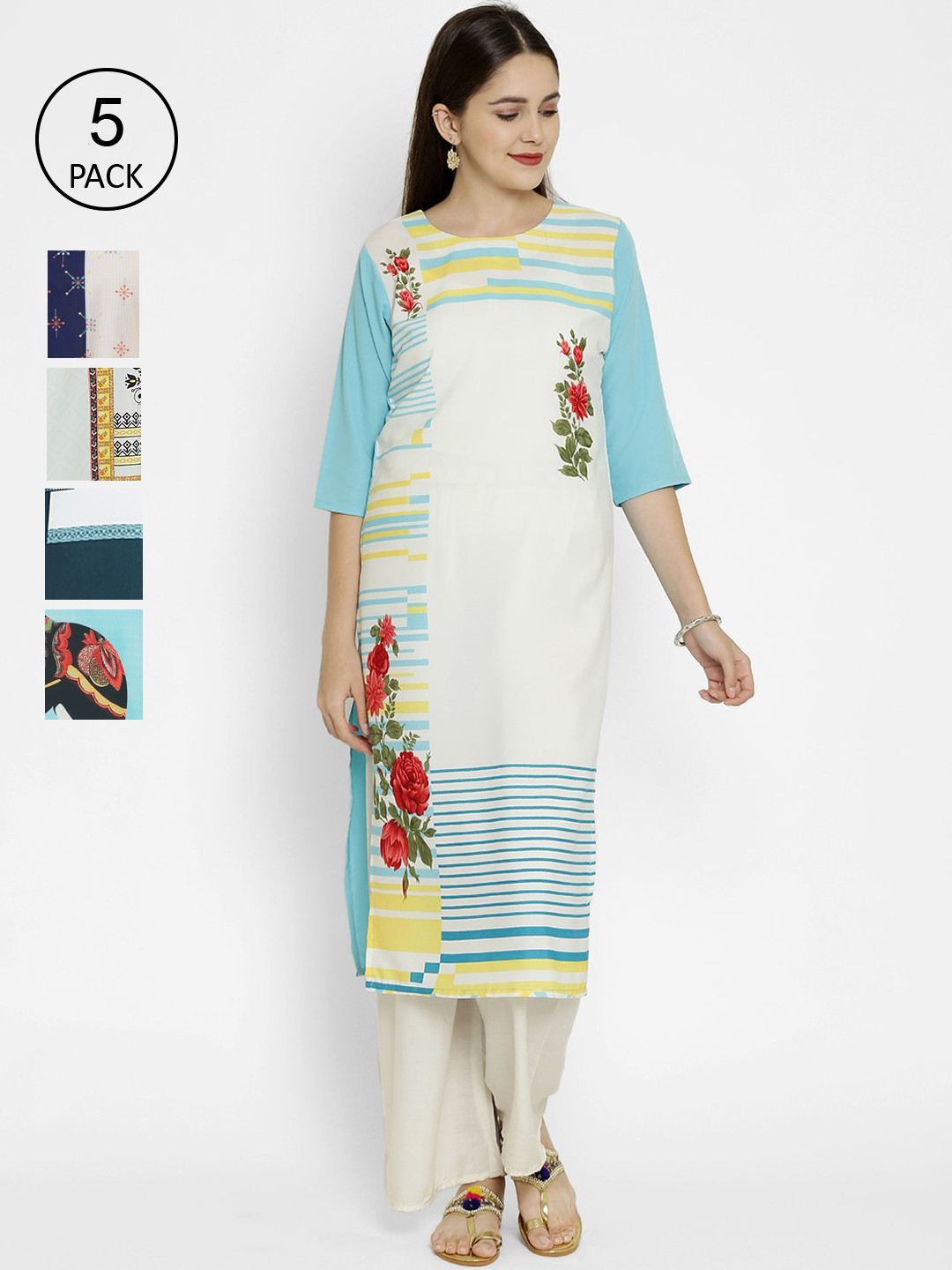 

7Threads Pack Of 5 Printed Crepe Round Neck Regular Sleeves Kurtas, Blue
