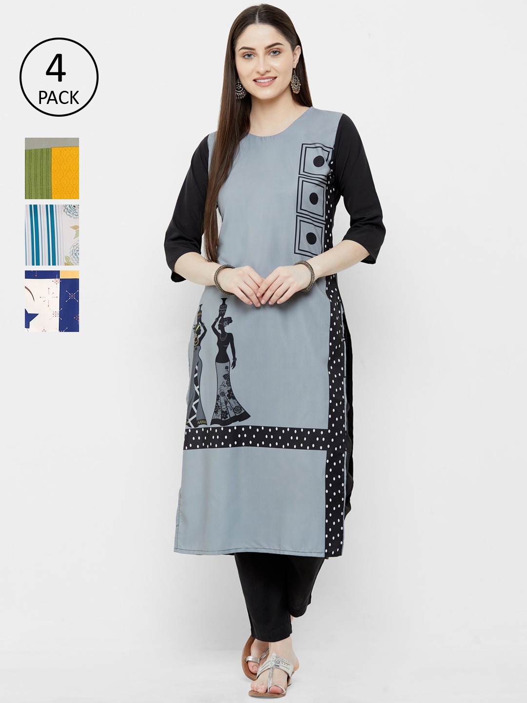 

7Threads Pack Of 4 Geometric Printed Crepe Kurta, Multi