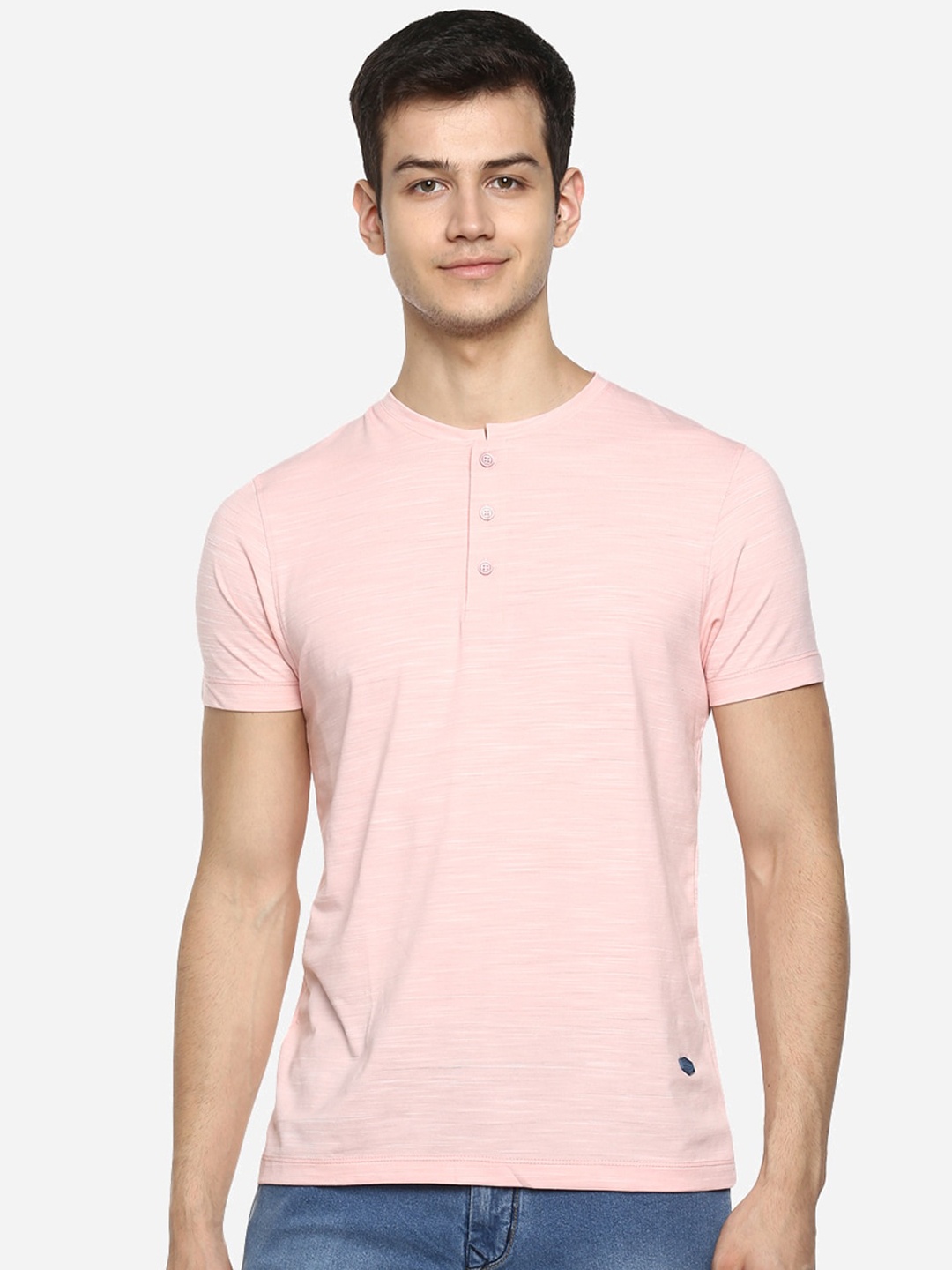 

Red Chief Men Pink Self Design Henley Neck T-shirt