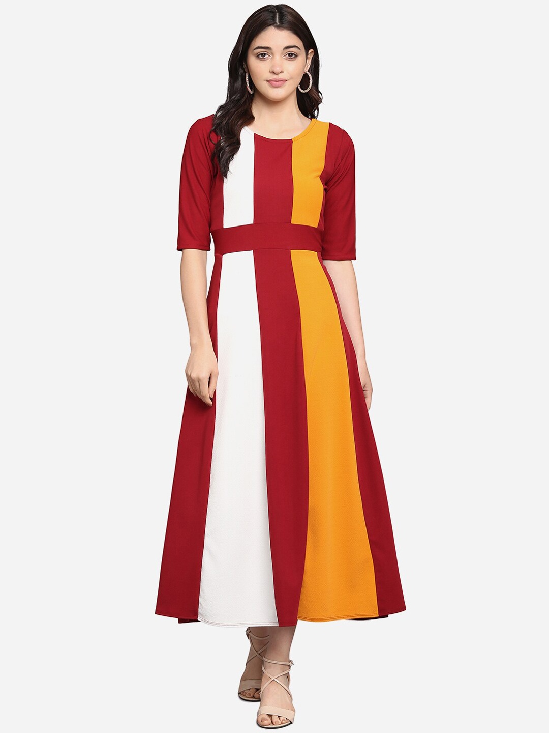

PURVAJA Women Maroon & White Colourblocked A-Line Dress