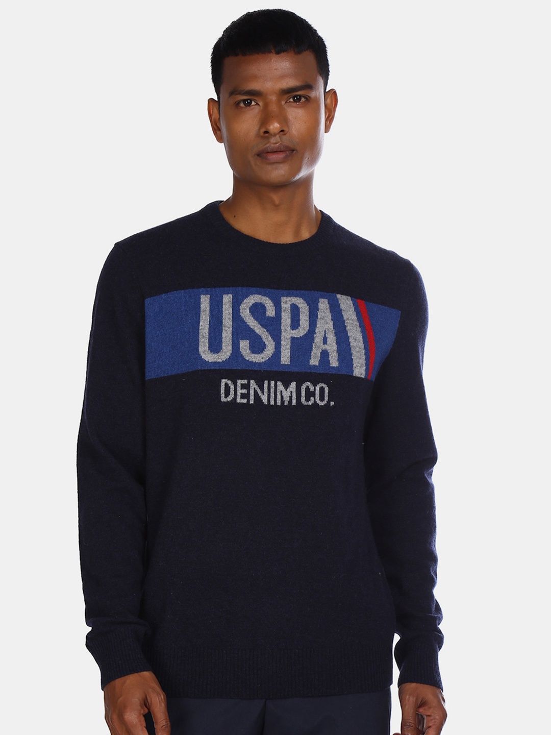 

U.S. Polo Assn. Denim Co. Men Navy Blue Printed Pullover Sweater