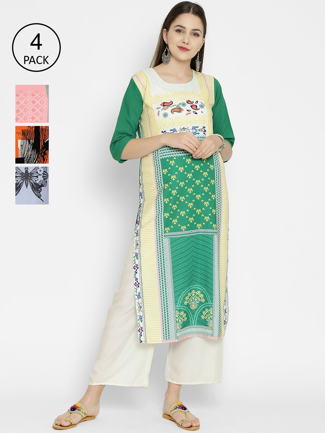 

7Threads Women Pack Of 4 Multicoloured Geometric Printed Crepe Kurtas, Multi