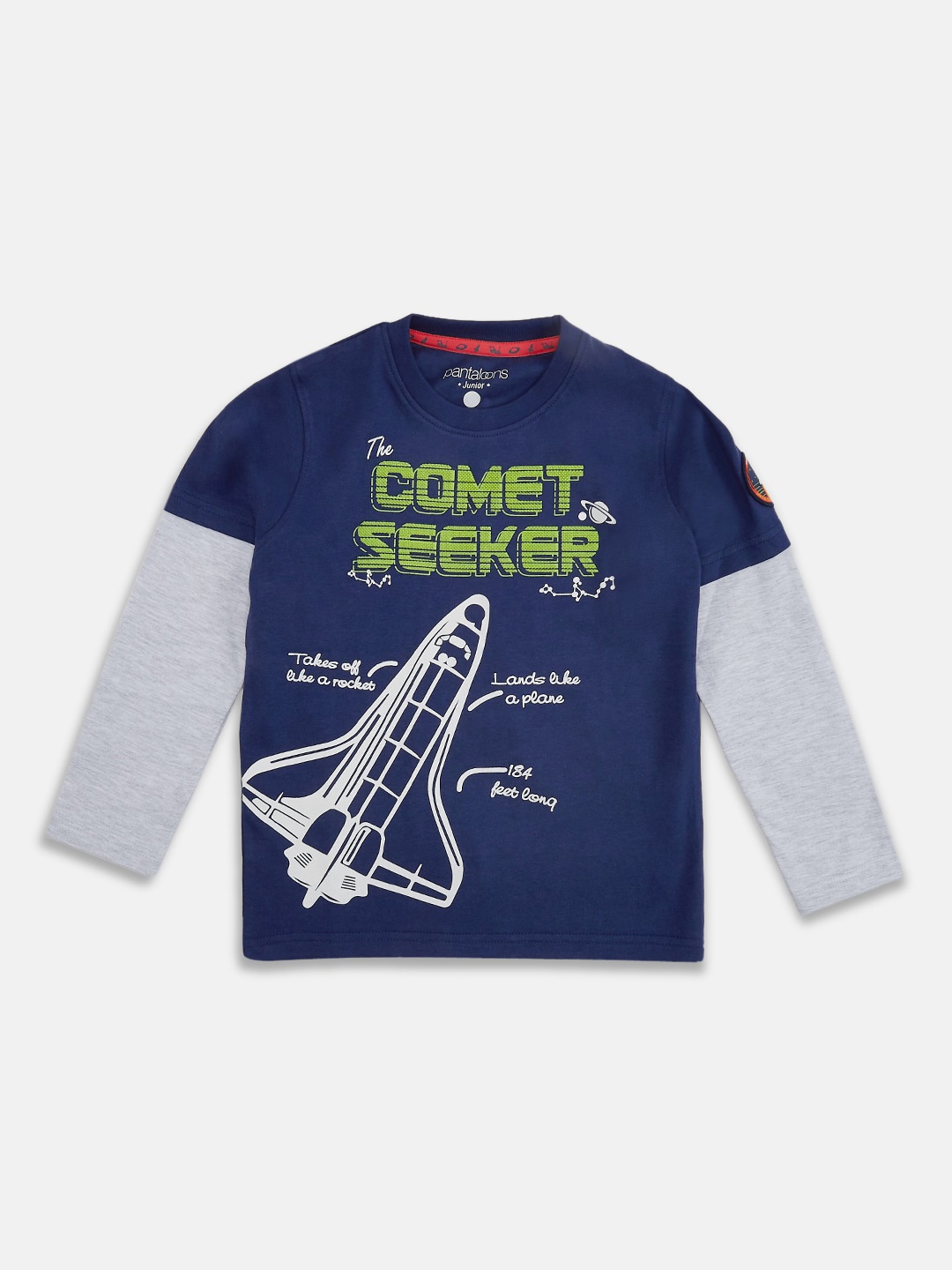 

Pantaloons Junior Boys Navy Blue Printed V-Neck Pure Cotton T-shirt