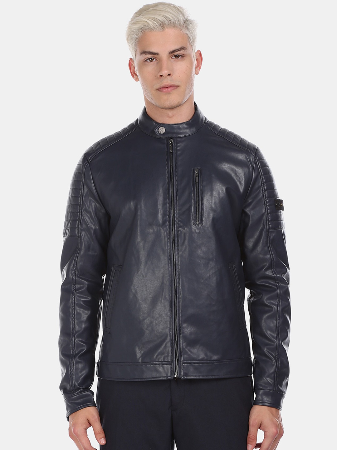 

Arrow New York Men Blue Solid Biker Jacket