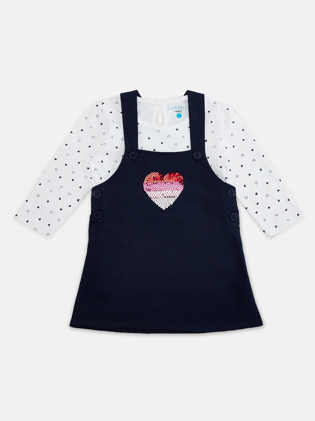 

Pantaloons Baby Girls Navy Blue Embellished Pinafore Dress With T-Shirt