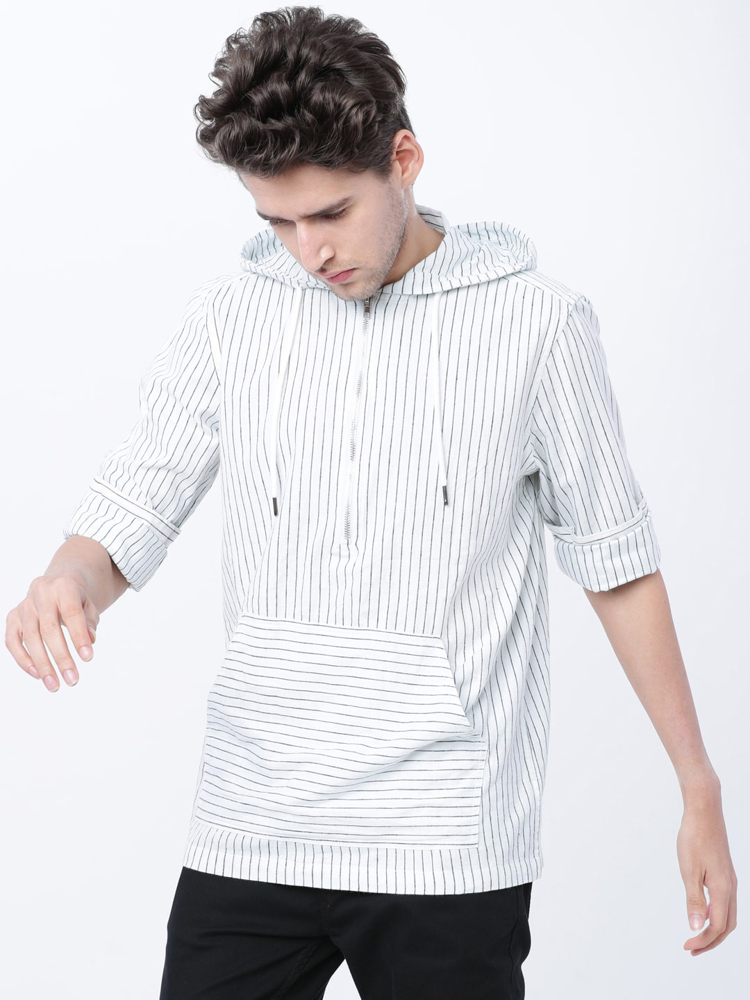 

HIGHLANDER Men White Striped Casual Hooded Tshirt