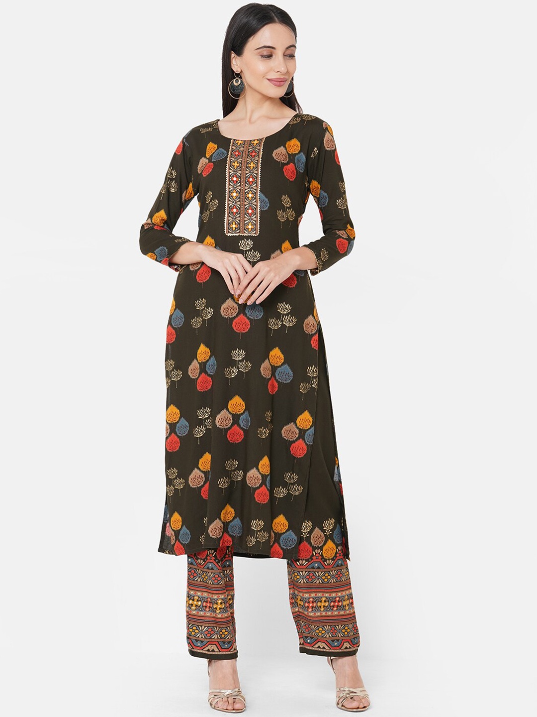 

FASHOR Women Olive Green Printed Kurta with Palazzos