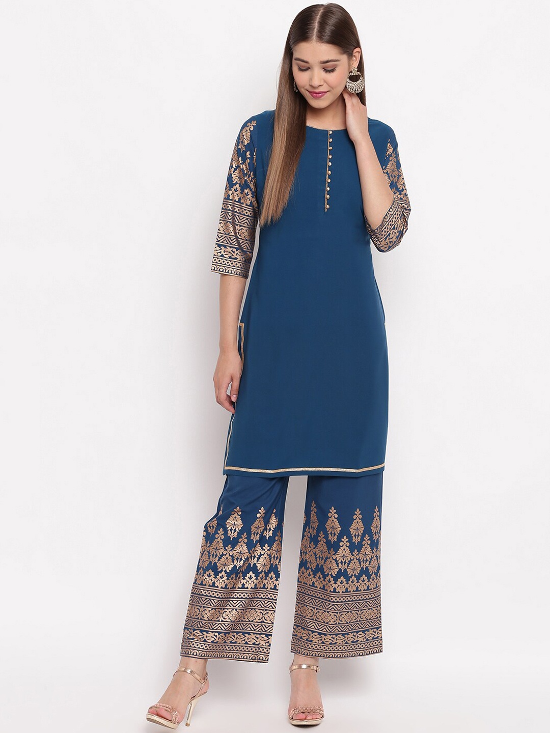 Janasya Women Blue Ethnic Motifs Regular Kurta with Palazzos