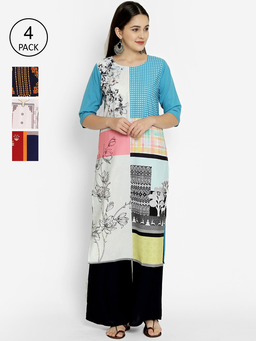 

7Threads Pack Of 4 Multicoloured Printed Crepe Kurta, Multi
