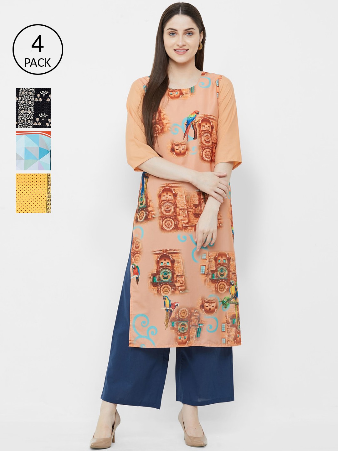 

7Threads Women Multicoloured Ethnic Motifs Printed Crepe Kurta Pack of 4, Multi