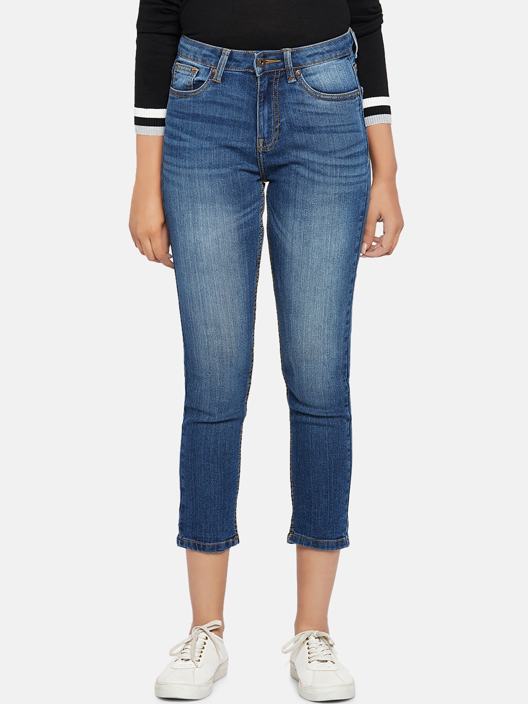 

People Women Blue Skinny Fit Mid-Rise Cotton Clean Crop Look Jeans
