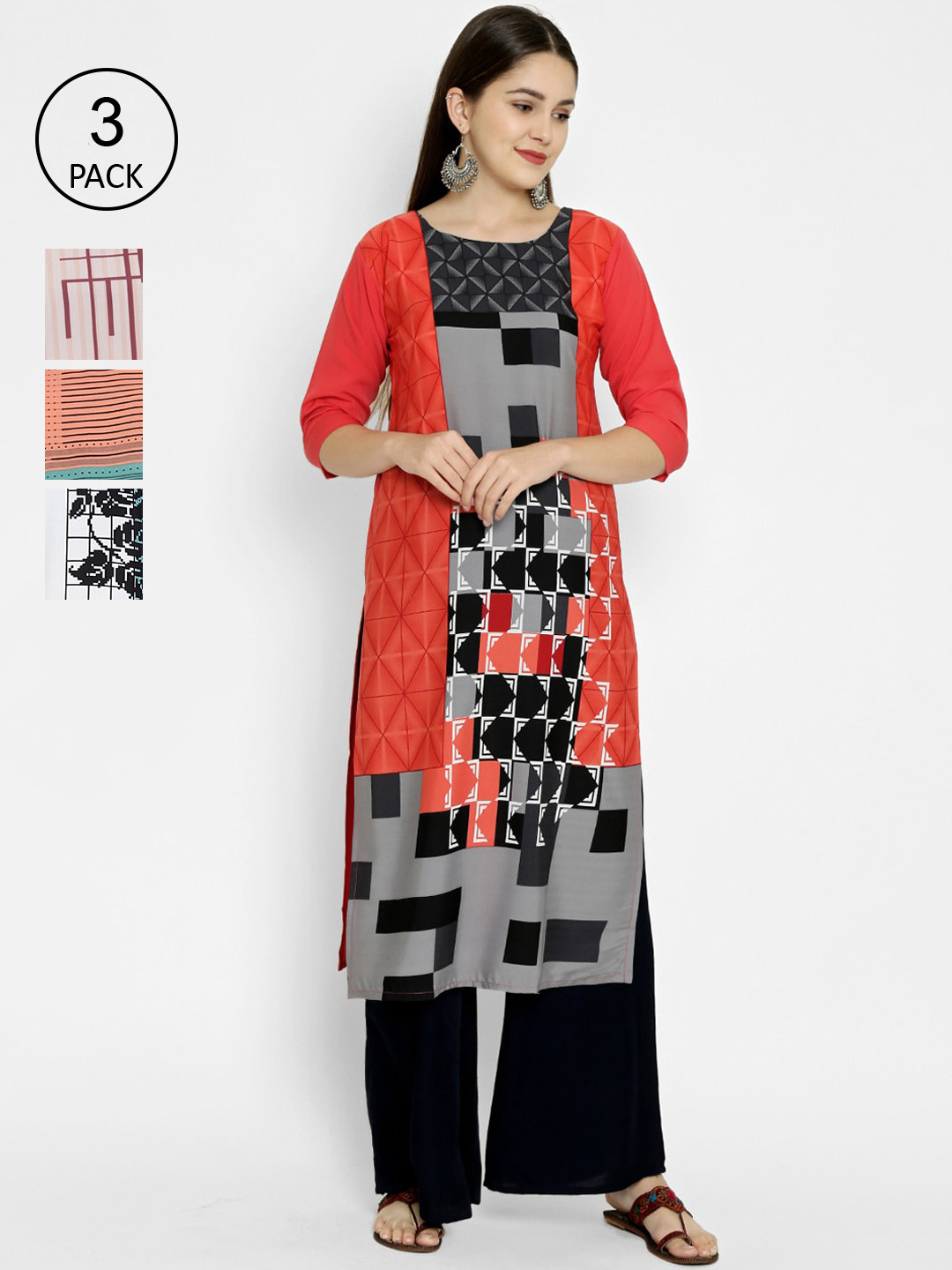 

7Threads Women Multicoloured Printed Crepe Kurta Set of 3, Multi