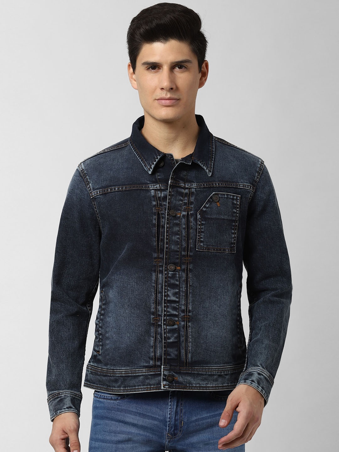 

Peter England Casuals Men Navy Blue Solid Denim Jacket