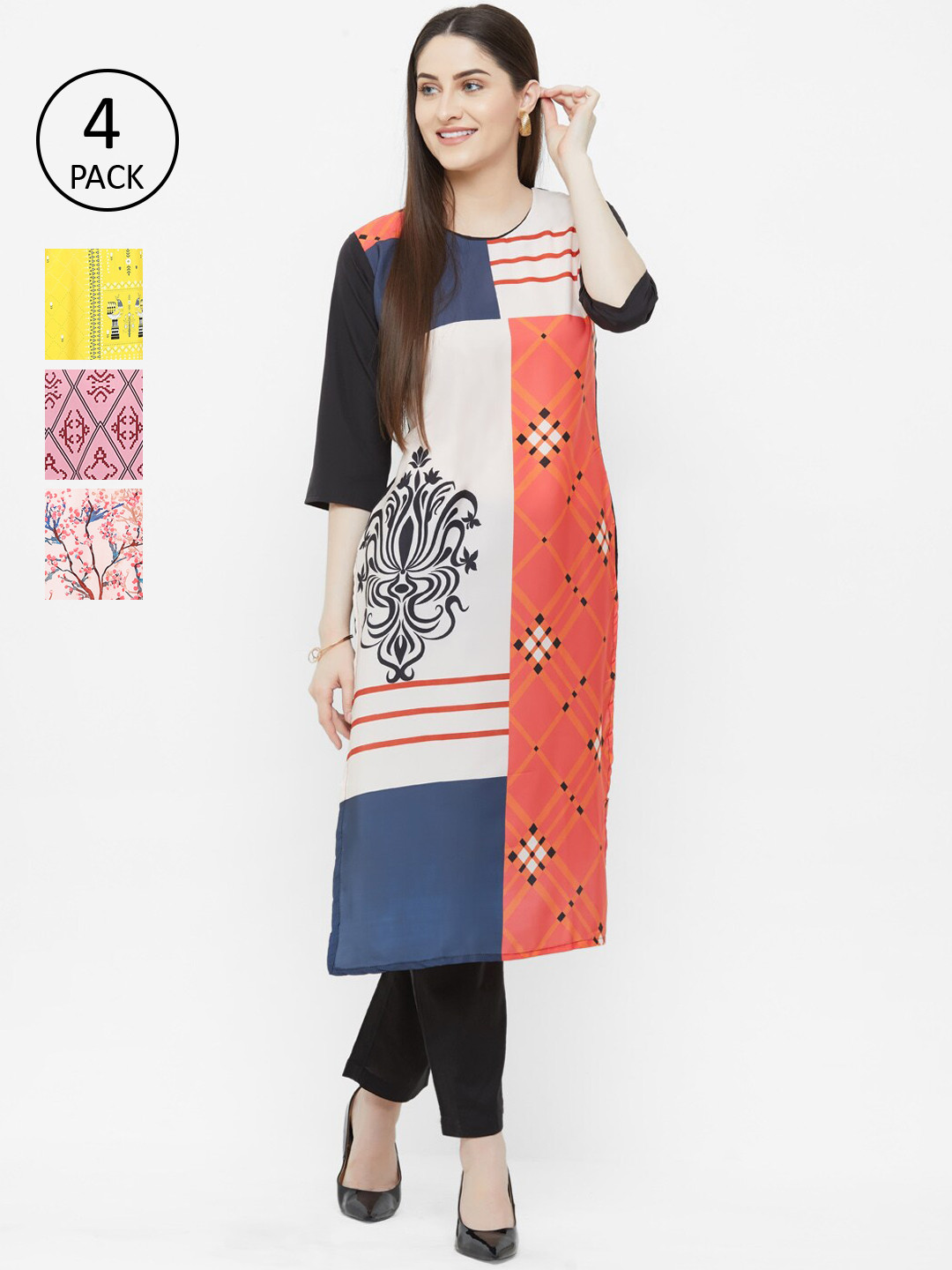 

7Threads Pack Of 4 Ethnic Motifs Printed Crepe Kurta, Multi
