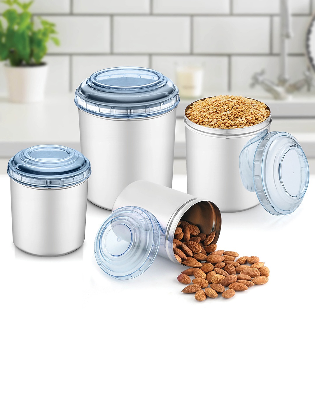 Jensons Set Of 16 Blue & Silver-Toned Stainless Steel Canisters