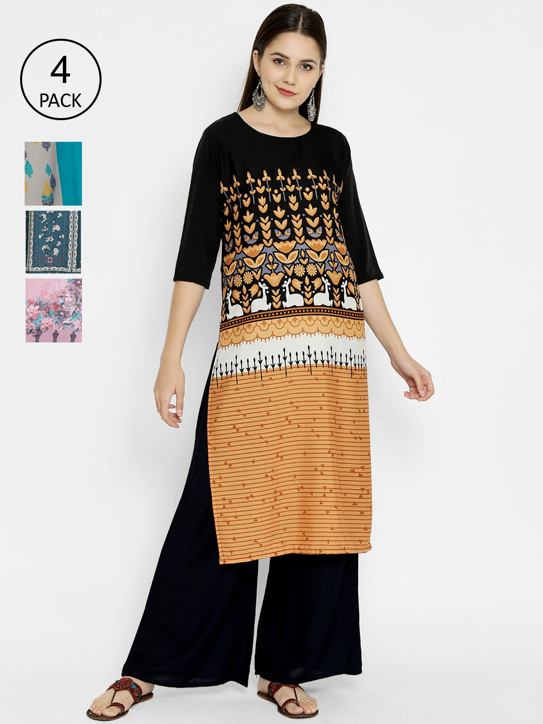 

7Threads Pack Of 4 Multicoloured Geometric Printed Crepe Kurta, Multi