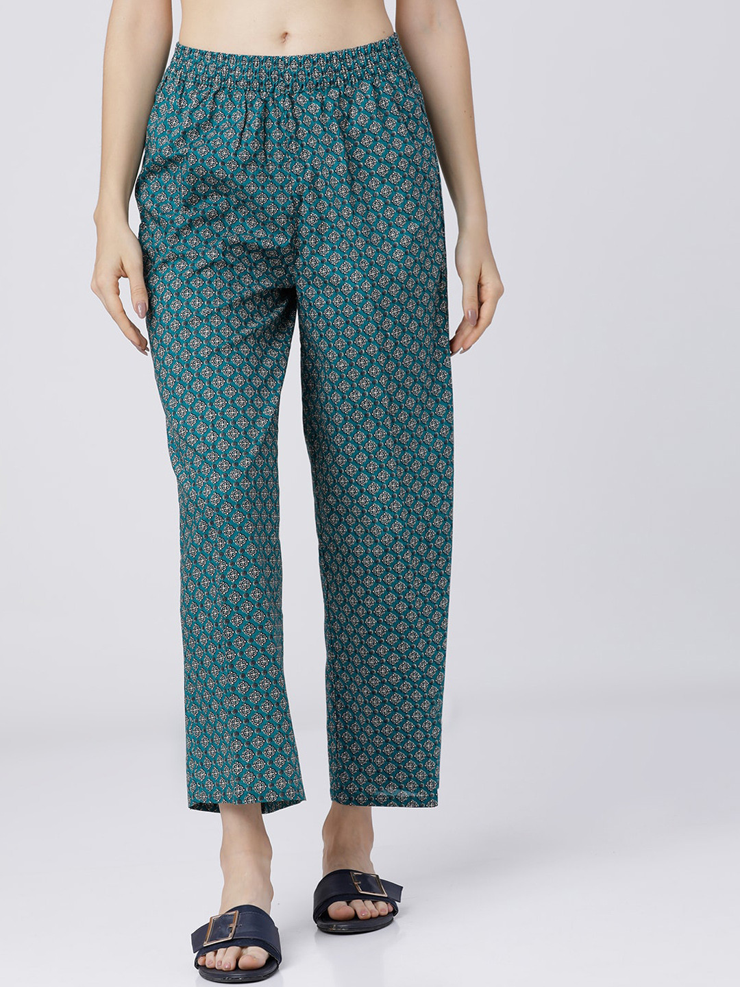 

Vishudh Women Turquoise Blue Printed Straight Palazzos