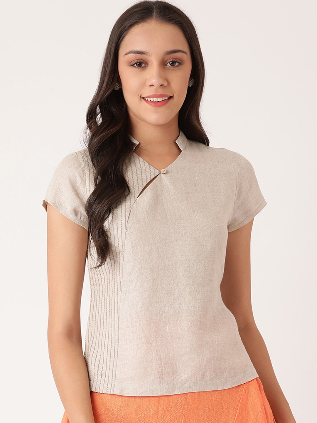 

ROOTED Beige Mandarin Collar Linen Top
