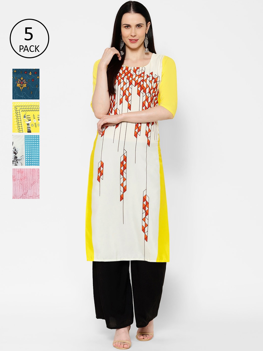 

7Threads Pack Of 5 Geometric Printed Thread Work Crepe Kurta, Multi