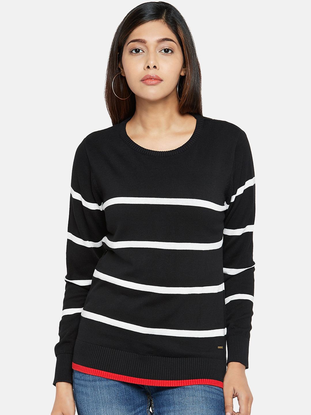 

People Black Striped & White Monochrome Pure Cotton Top