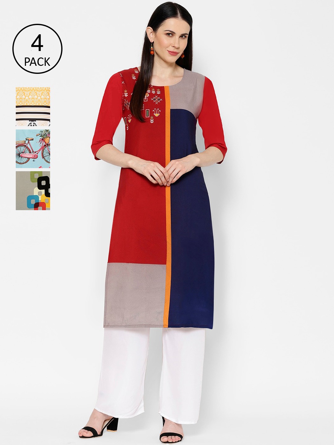 

7Threads Women Multicoloured Ethnic Motifs Printed Crepe Kurta Pack of 4, Multi
