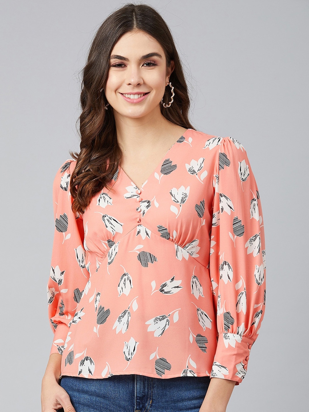 

RARE Women Peach-Coloured Floral Printed Crepe Top