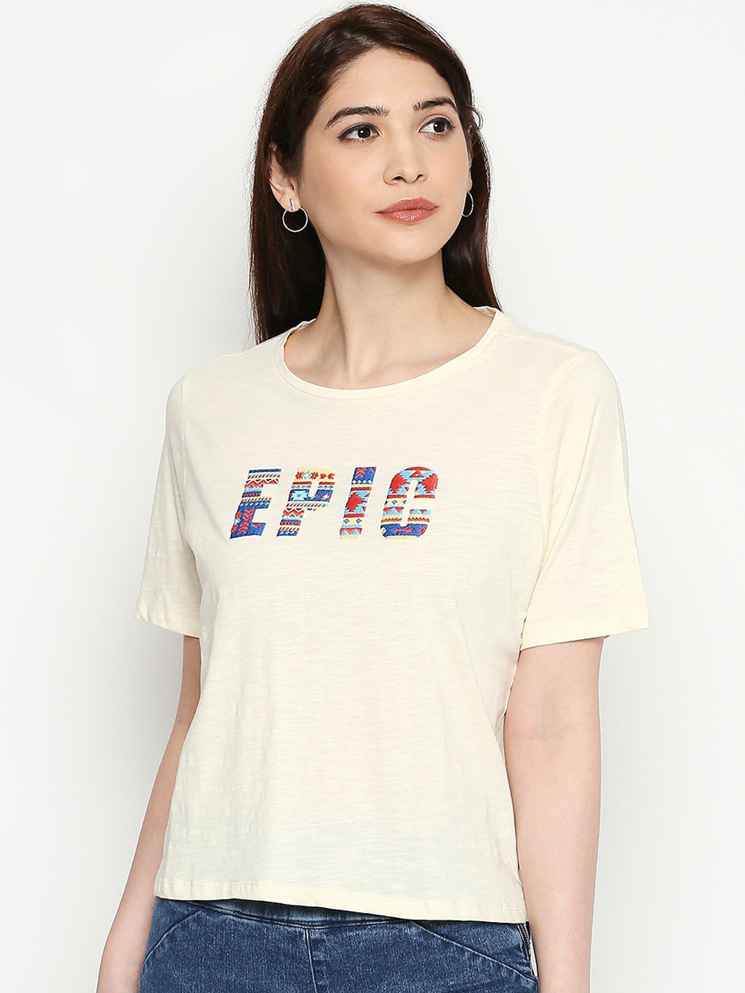 

People Women White Printed Round Neck T-shirt