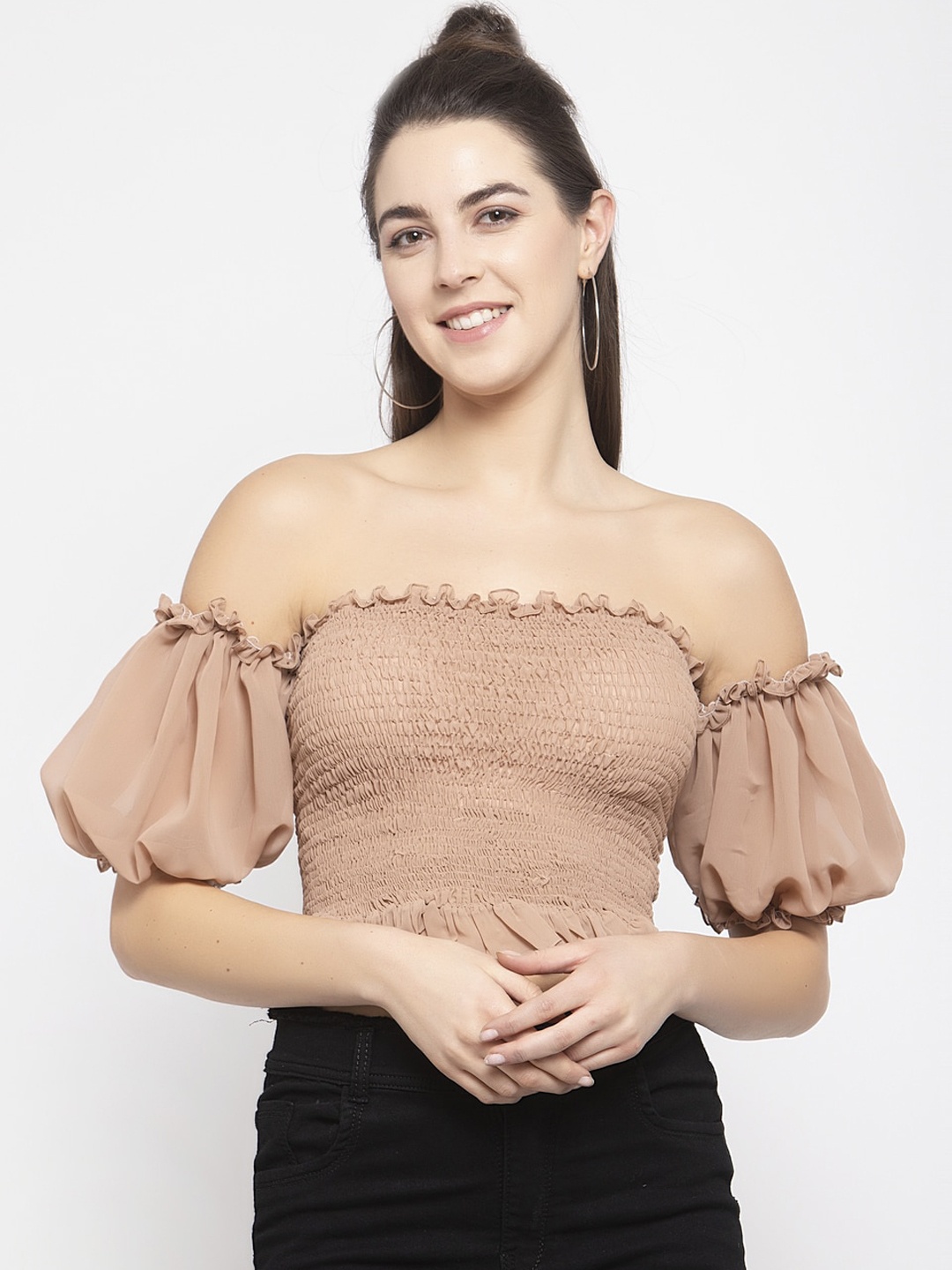

EMBLAZE Nude-Coloured Off-Shoulder Puff Sleeves Bardot Crop Top