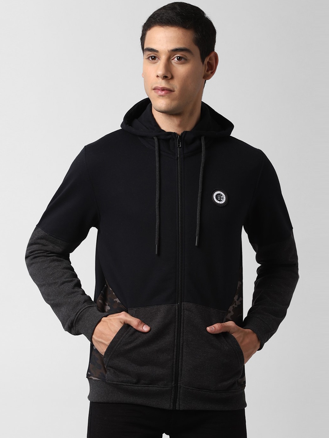 

Peter England Men Black & Grey Colourblocked Hooded Sweatshirt