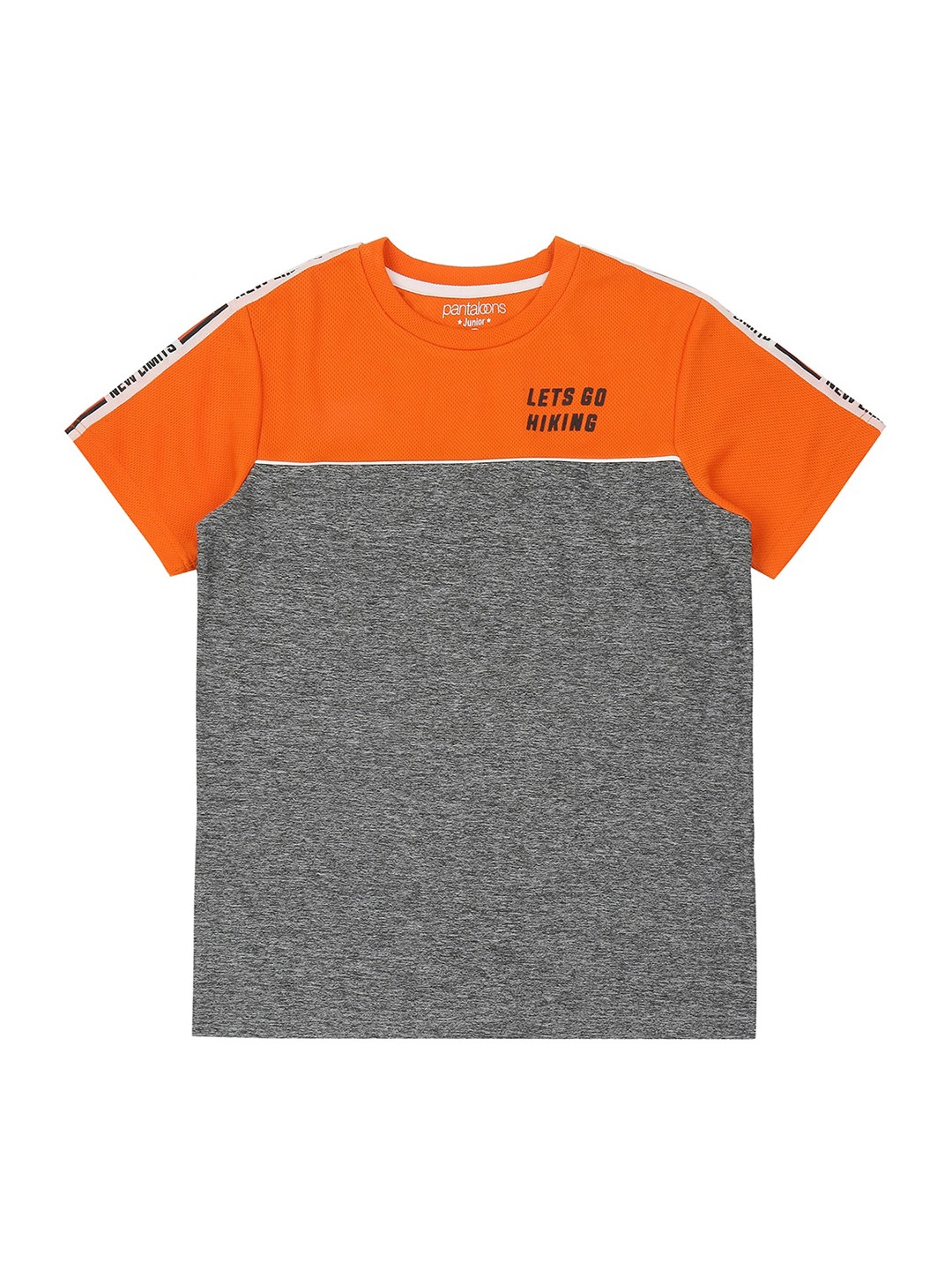 

Pantaloons Junior Boys Orange Grey Colourblocked Round Neck Pure Cotton T-shirt
