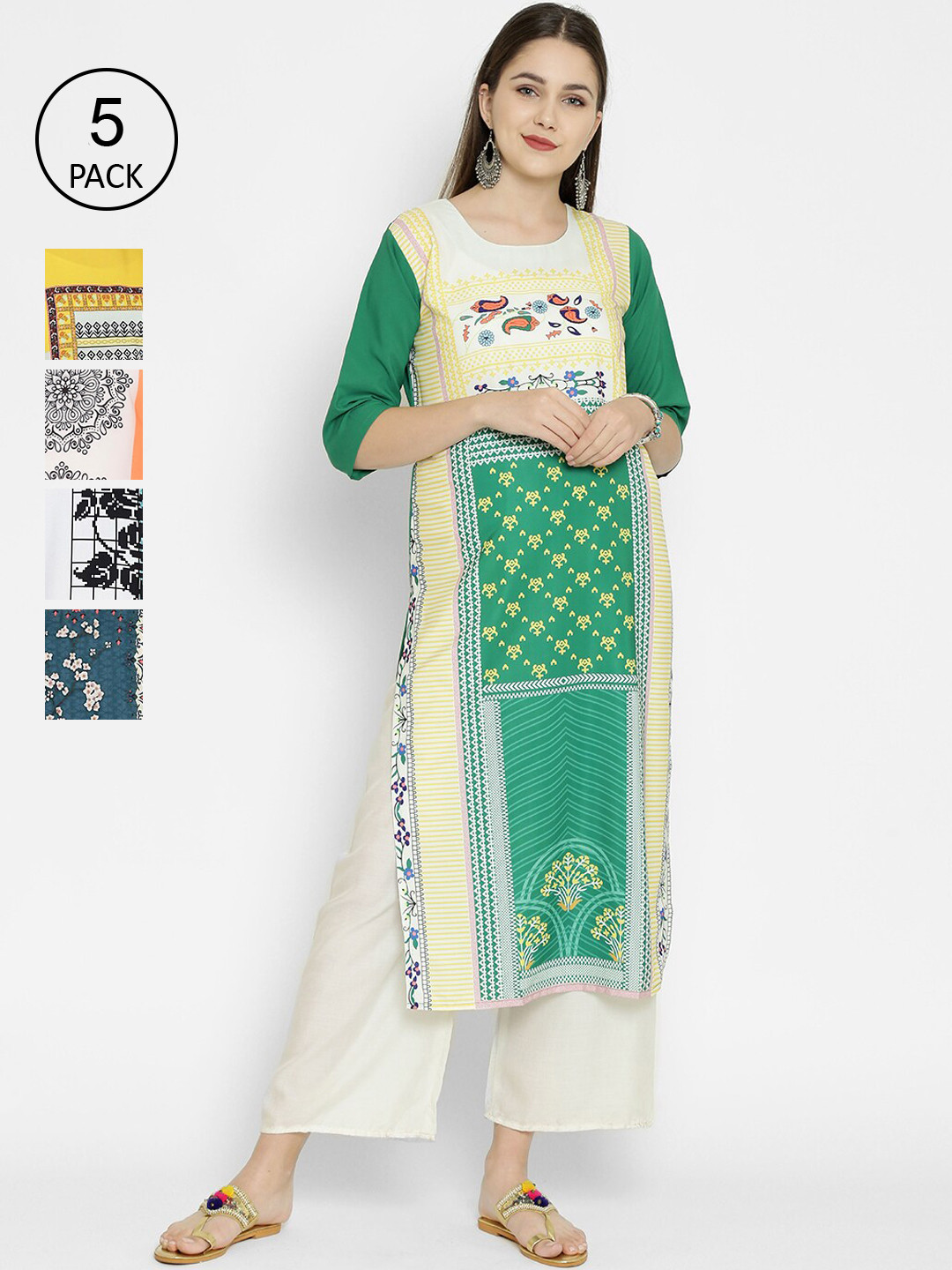 

7Threads Women Pack Of 5 Multicoloured Ethnic Motifs Printed Crepe Kurtas, Multi