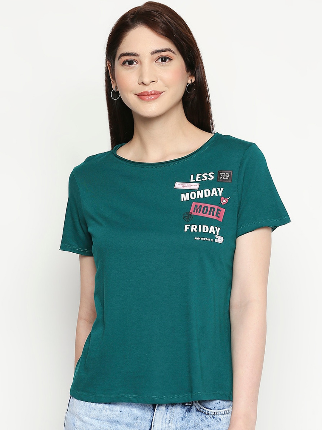 

People Women Green Printed Round Neck T-shirt