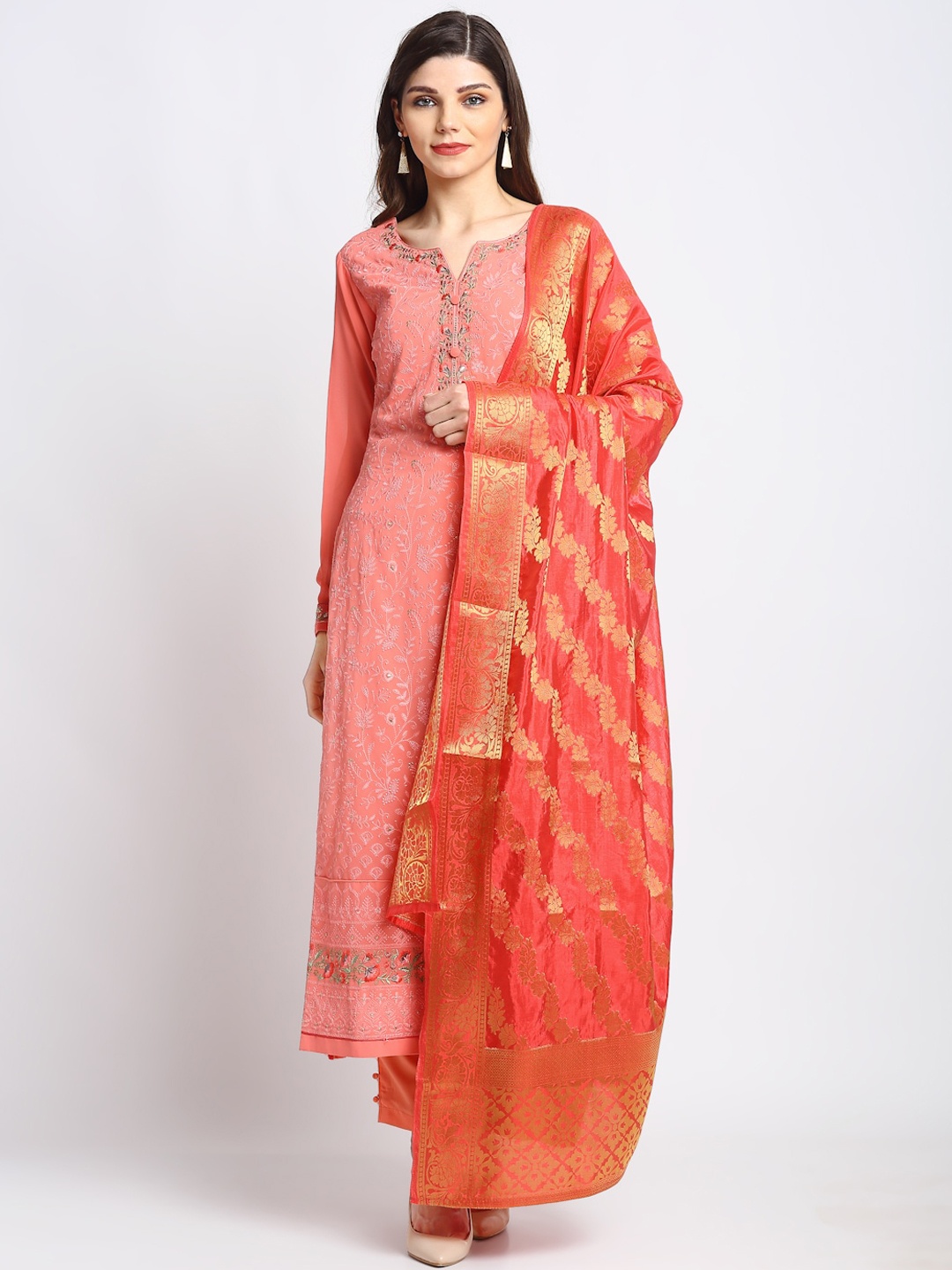 

Stylee LIFESTYLE Pink & Peach-Coloured Poly Georgette Unstitched Dress Material