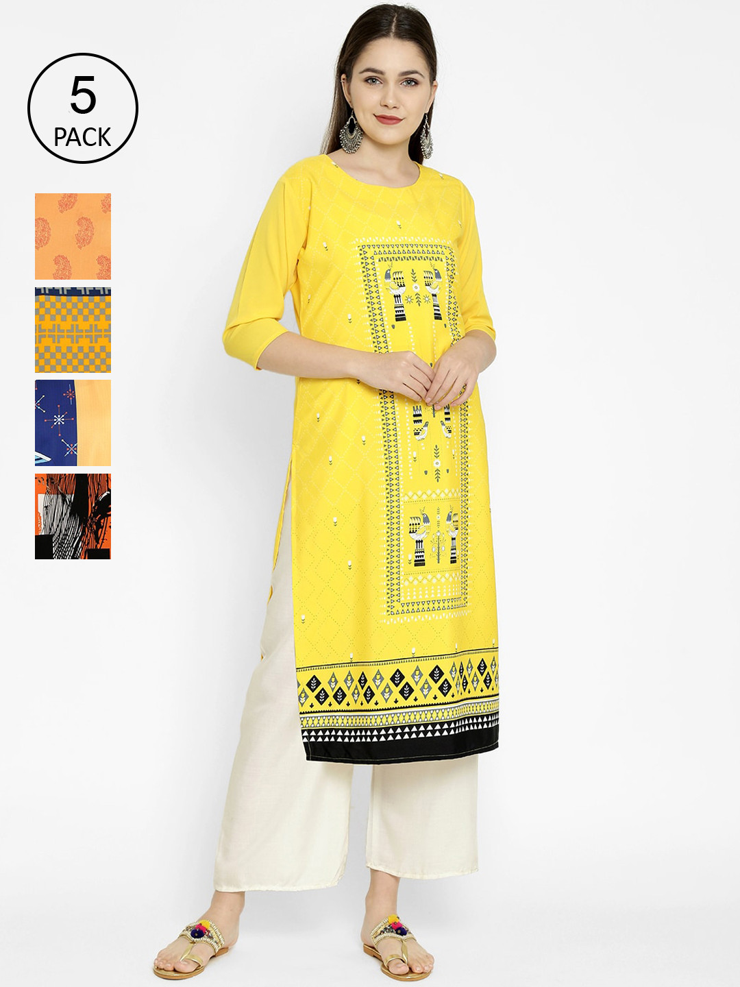 

7Threads Women's Crepe Multi Color Digital Print Straight Kurta Pack Of 5