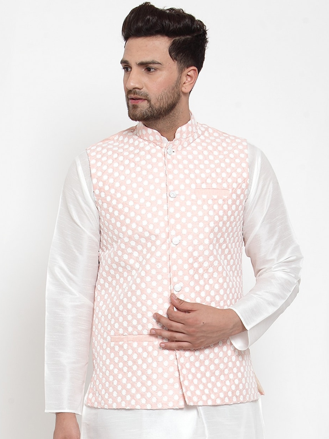 

GRACIT Men Pink & White Embroidered Woven Nehru Jacket