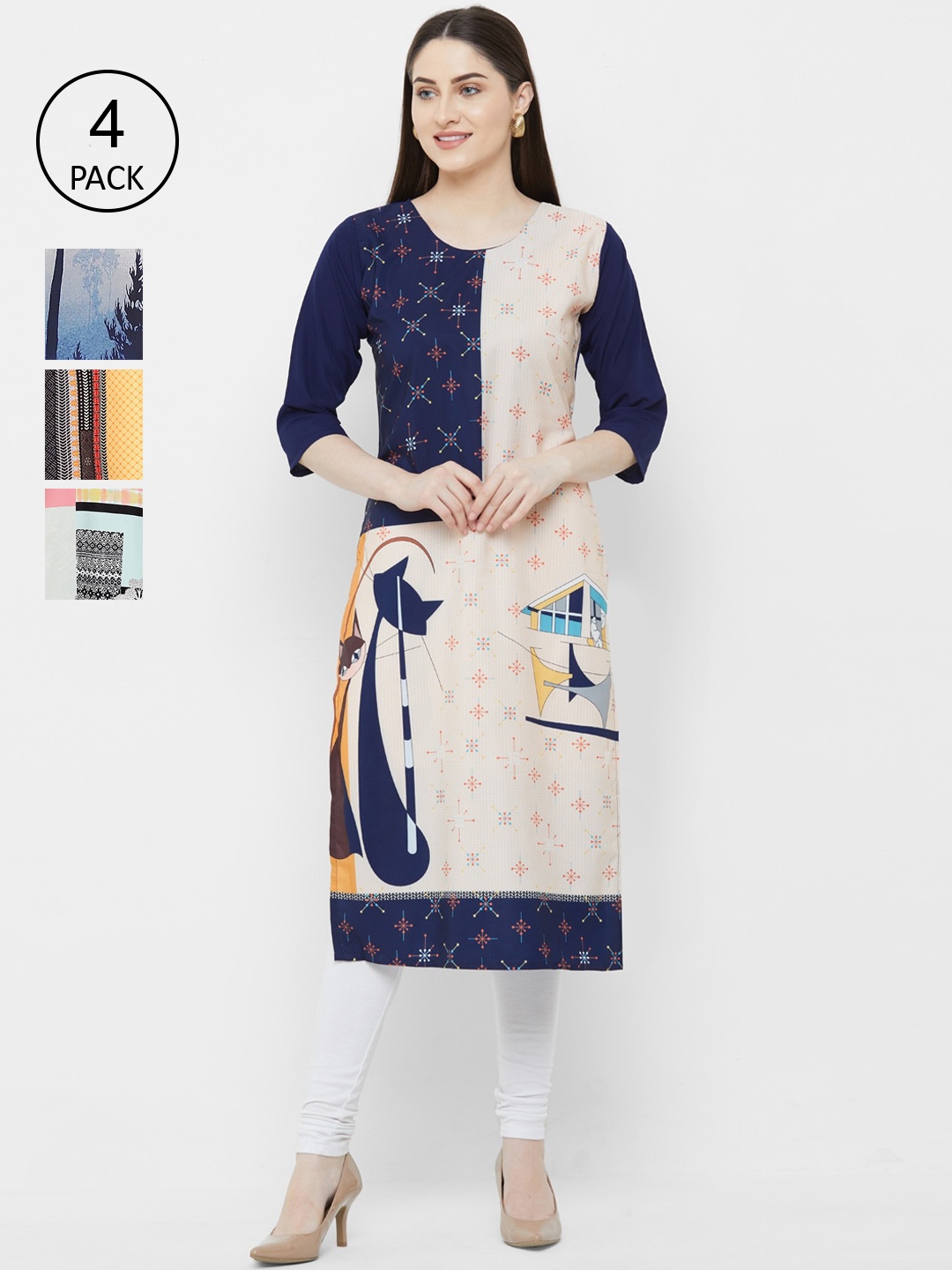

7Threads Multicoloured Pack of 4 Printed Crepe Kurta, Multi