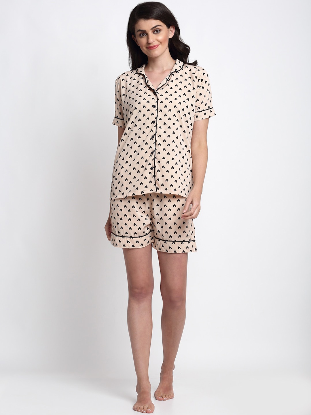

NEUDIS Women Beige & Black Printed Night suit