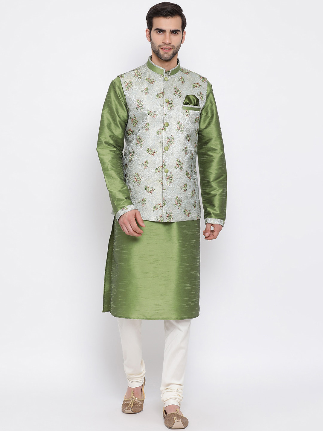 

VASTRAMAY Men Green Regular Kurta with Churidar & Nehru Jacket