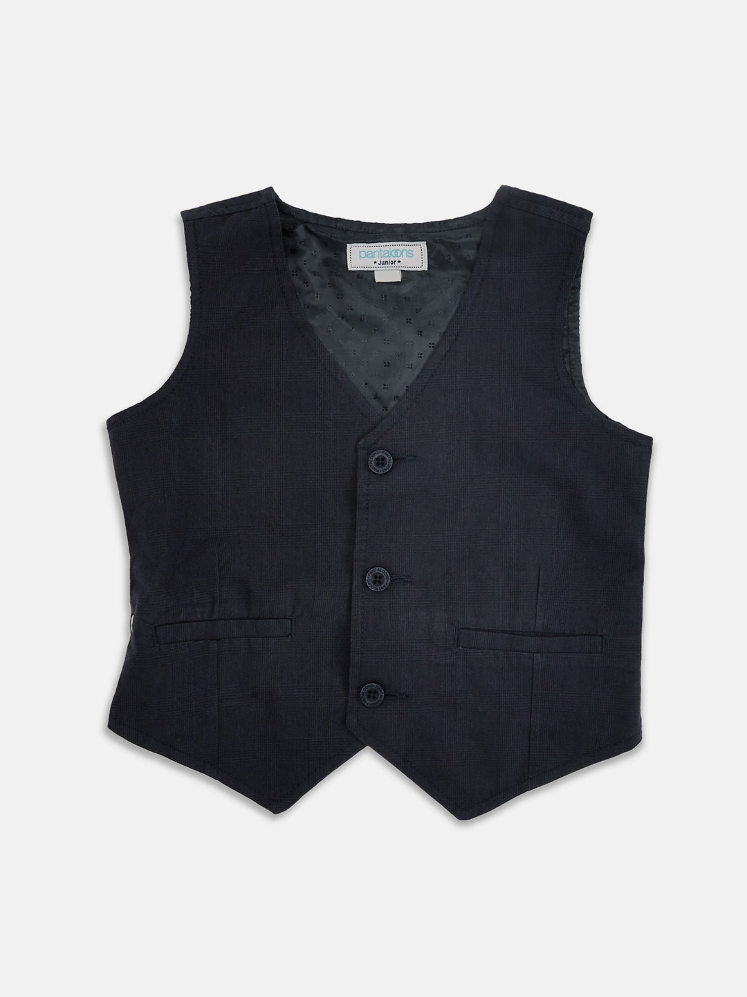 

Pantaloons Junior Boys Navy Blue Solid Woven Sustainable Waistcoat