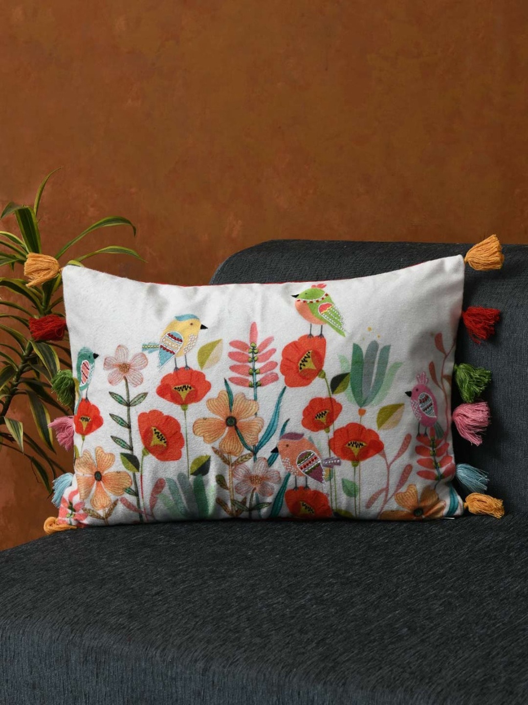 

AMOROSA White & Orange Single Embroidered Rectangle Cushion Covers