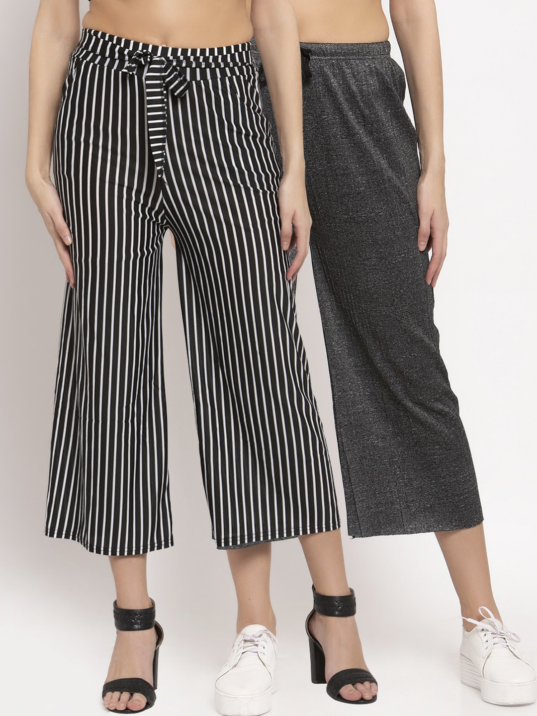 

KLOTTHE Women Pack of 2 Black & Grey Printed Wide Leg Palazzos