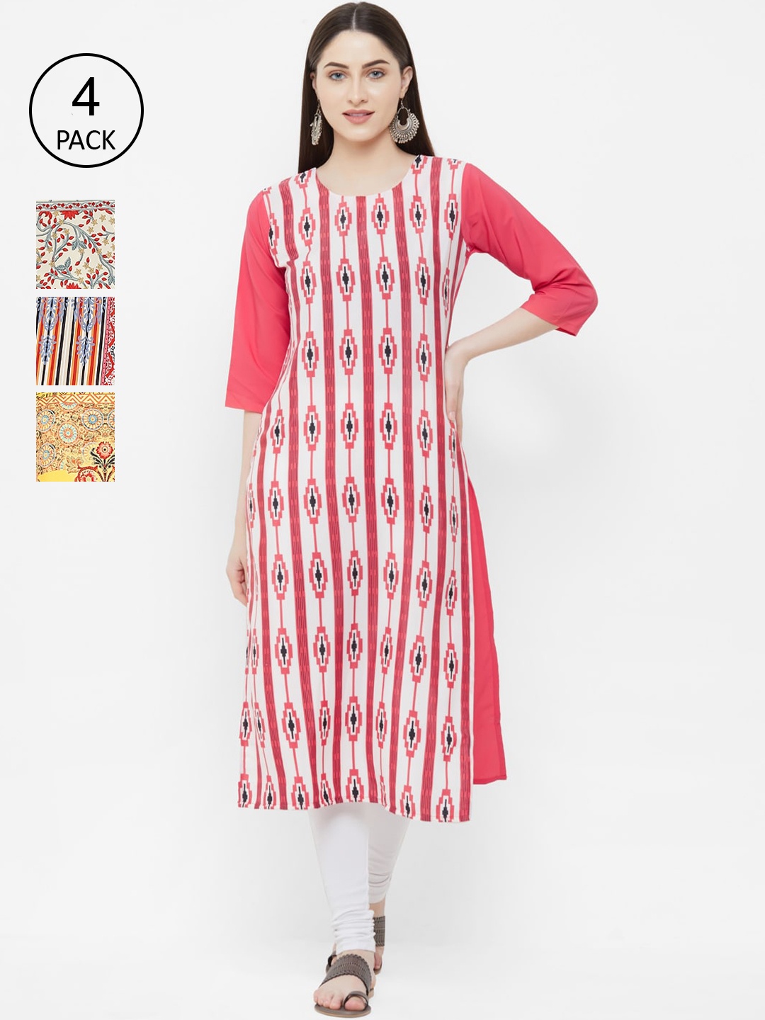 

7Threads Multicoloured Pack of 4 Geometric Printed Crepe Kurta, Multi